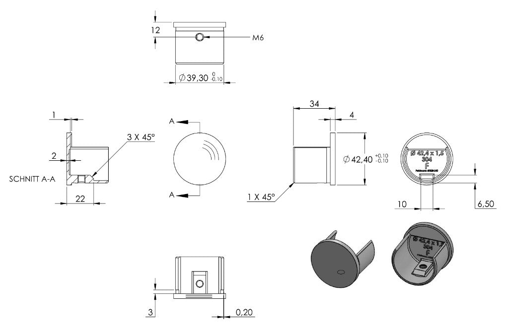 Endkappe flach für Rund-Nutrohr, Edelstahl, V2A / V4A