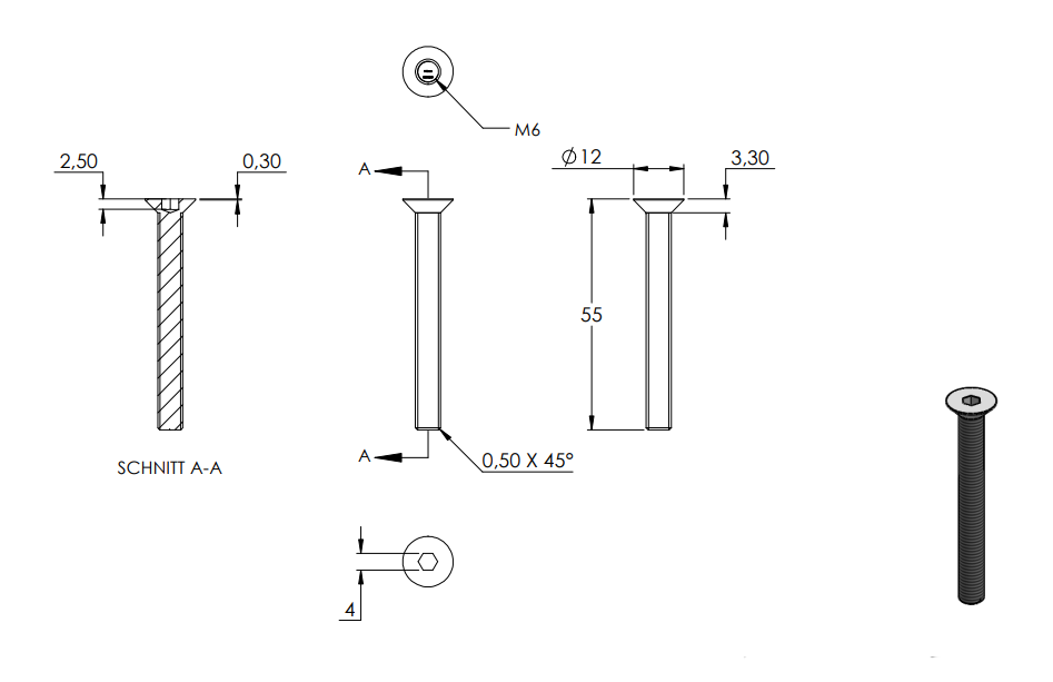 Zeichnung Senkkopfschraube M6 x 55 mm