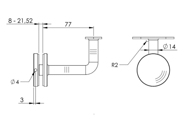verschweißter Handlaufhalter für Glas, mit Halteplatte, zum Anschrauben des Handlaufs, V4A