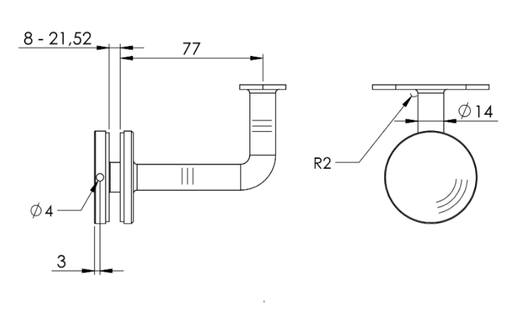 verschweißter Handlaufhalter für Glas, mit Halteplatte, zum Anschrauben des Handlaufs, V4A