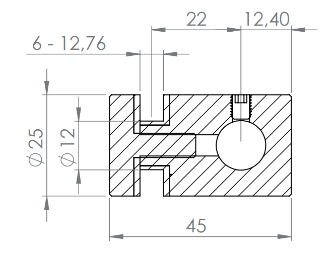 Querstab-Glashalter Ø 25 mm, für Glasstärke 6,0 - 12,76 mm, mit Durchgangsbohrung, V2A