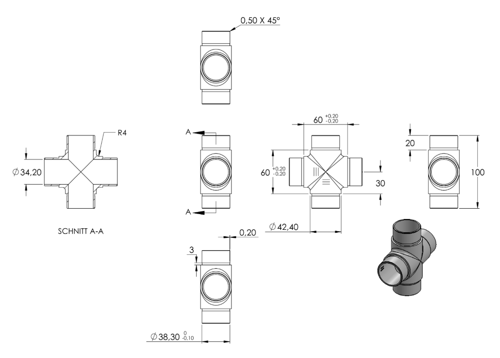 Zeichnung Kreuzstück für Rohr Ø 42,4 x 2,0 mm