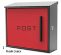 Briefkasten Myron, aus verzinktem Stahlblech, rot RAL: 3020 und schwarz RAL: 9017 lackiert, Maße: 350x115mm, H: 330mm. Inkl. 3 Schlüssel. Briefkasten muss bei starker Witterung überdacht werden!