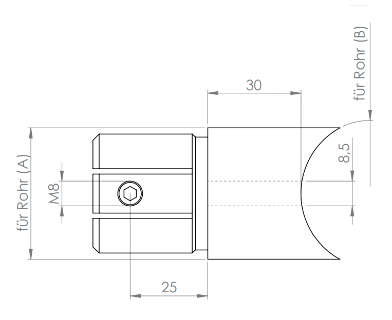 Anschlussstück 90° für Rohr Ø 33,7 x 2,0 mm und Rohr Ø 33,7 mm