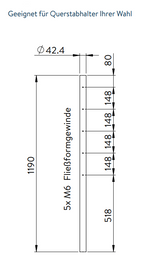 Edelstahlpfosten, mit  5 x M6 Fließformgewinde einseitig (z.B. für Querstabhalter), V2A