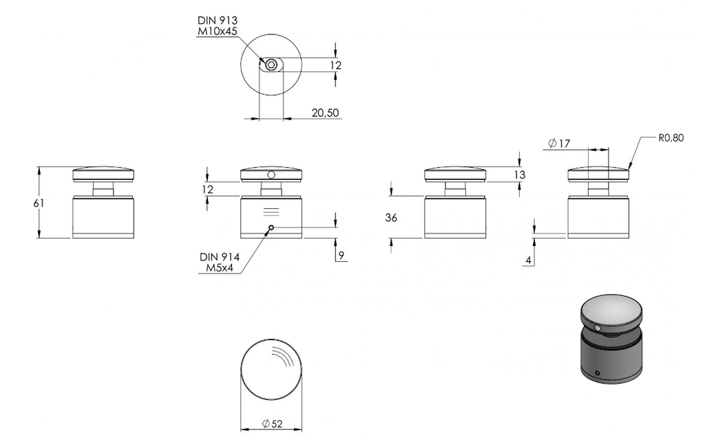Glaspunkthalter Ø 52 mm mit Gewindestift, Klemmbereich 12,00 - 25,52 mm, verstellbarer Wandabstand 3