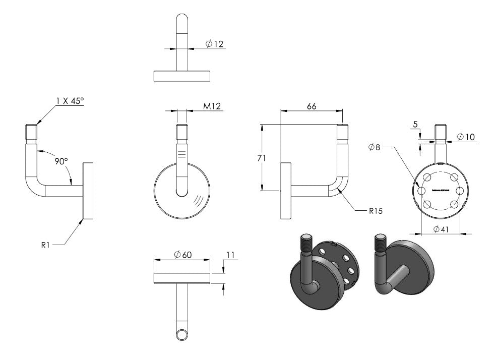 verschweißter Handlaufhalter mit Außengewinde M12, inklusive Cliprosette, V2A