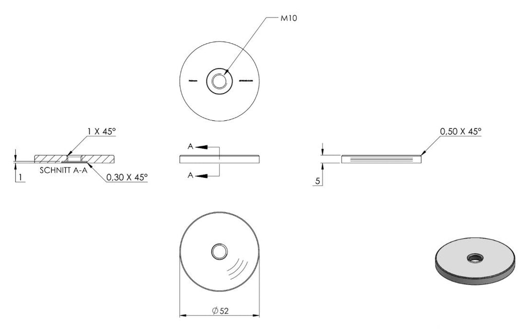 Zeichnung Unterteil A = 5 mm, mit Innengewinde M10