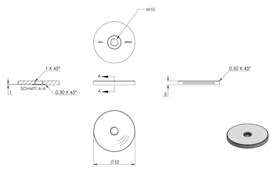 Zeichnung Unterteil A = 5 mm, mit Innengewinde M10