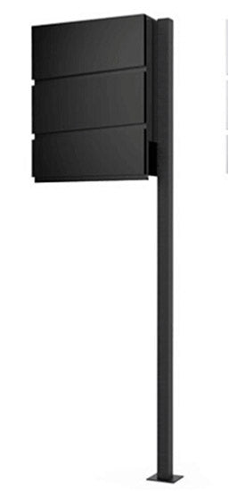 Standbriefkasten, Liron zum Aufschrauben, aus verzinktem Stahlblech, schwarz RAL: 9017 lackiert, Maße des Briefkastens: 370x105mm, H: 370mm, H: des Ständers: 1200mm. Inkl. Zeitungsfach und 3x Schlüssel. Briefkasten muss bei starker Witterung überdacht wer