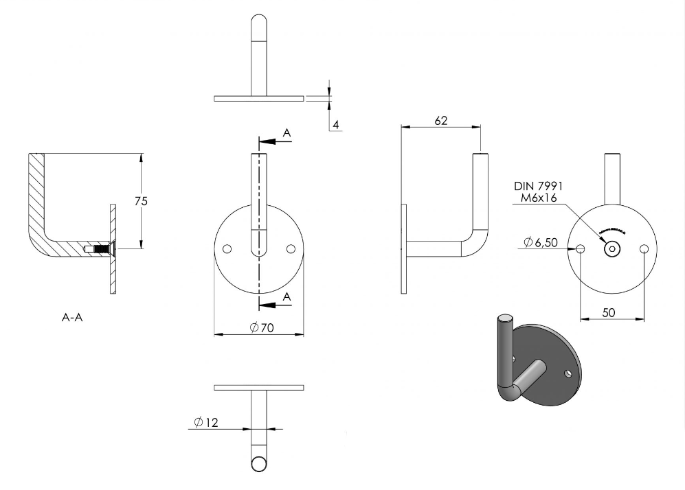 Zeichnung Handlaufhalter mit 62 mm Wandabstand