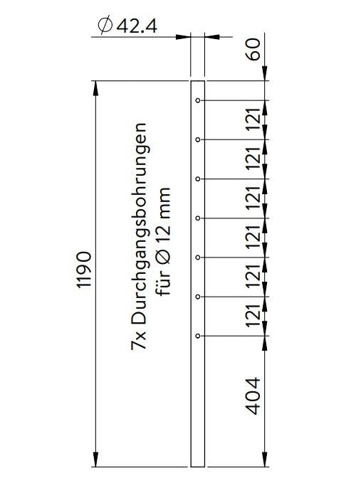 Edelstahlpfosten mit 7 Durchgangsbohrungen (Mittelpfosten), V2A