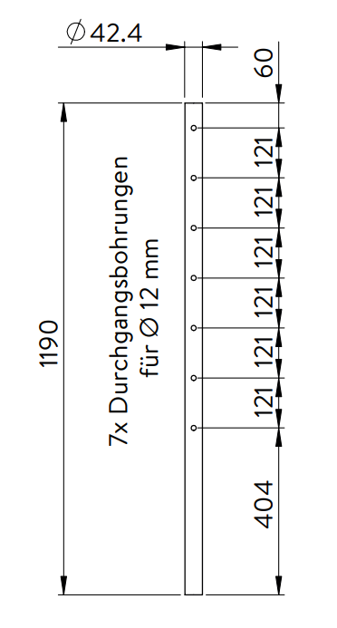 Edelstahlpfosten mit 7 Durchgangsbohrungen (Mittelpfosten), V2A