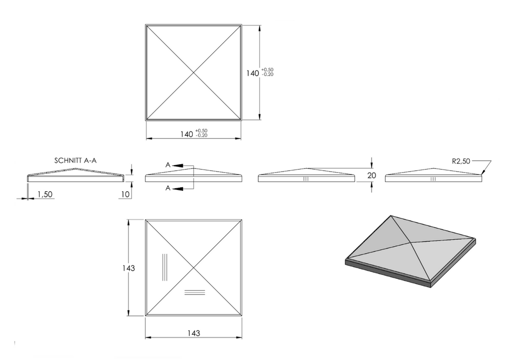 Zeichnung Pyramidenkappe für Rohr 140 x 140 mm