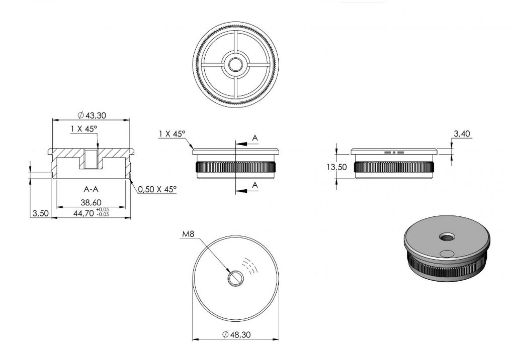 Zeichnung Rohrabschlussstopfen für Rohr Ø 48,3 x 2,0 mm