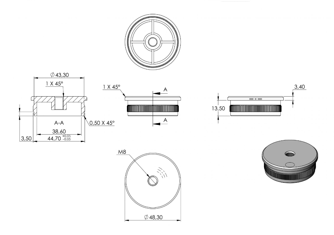 Zeichnung Rohrabschlussstopfen für Rohr Ø 48,3 x 2,0 mm
