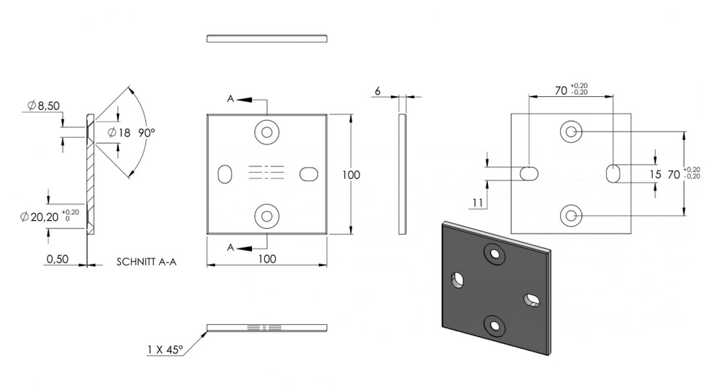 Zeichnung Ankerplatte 100 x 100 x 6 mm