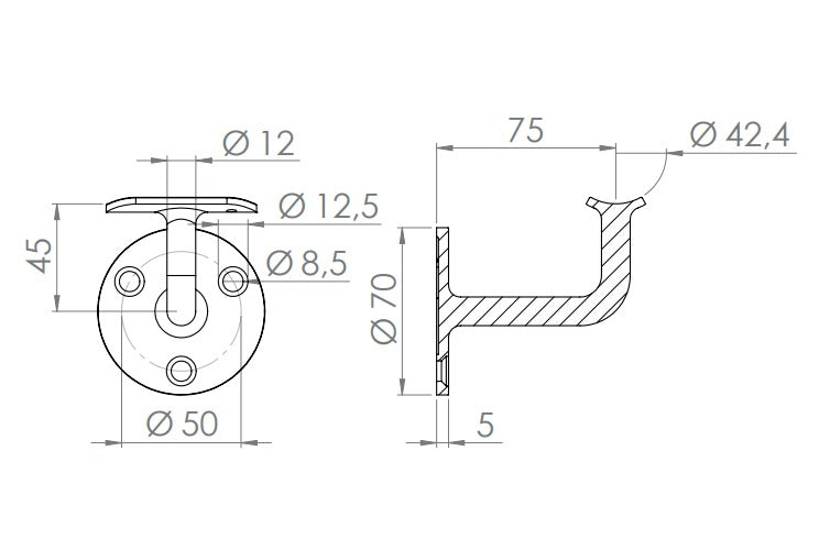 verschweißter Handlaufhalter mit Anschlussplatte, zum Anschrauben / Vernieten des Handlaufs, V2A