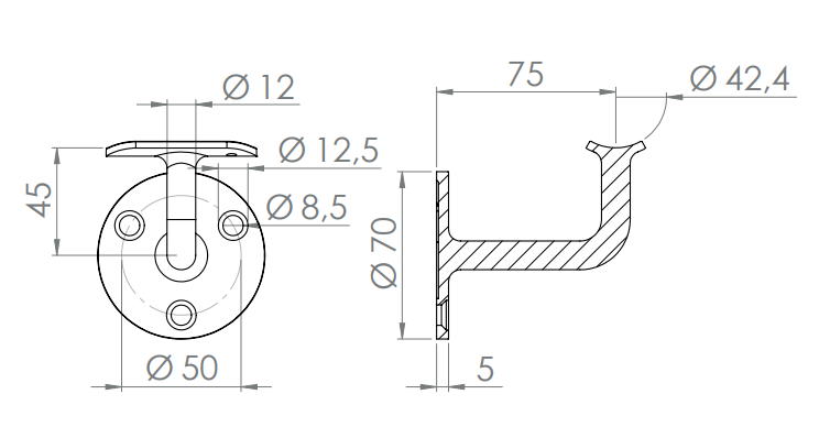 verschweißter Handlaufhalter mit Anschlussplatte, zum Anschrauben / Vernieten des Handlaufs, V2A