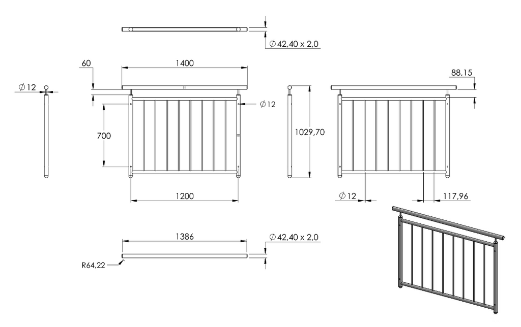 Zeichnung Französisches Balkongitter Breite 1200 mm