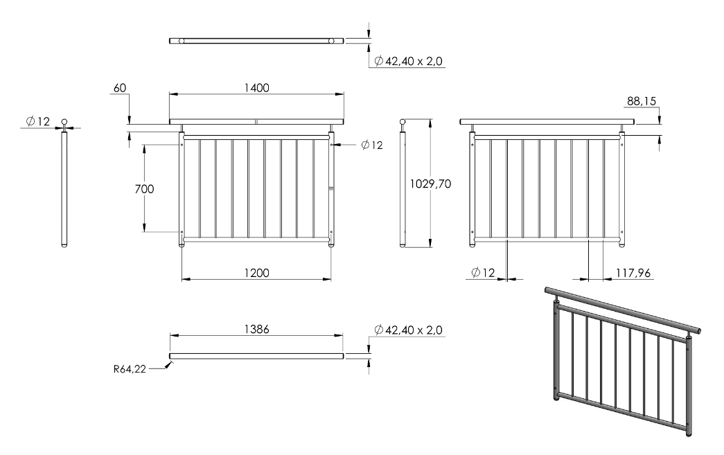 Zeichnung Französisches Balkongitter Breite 1200 mm