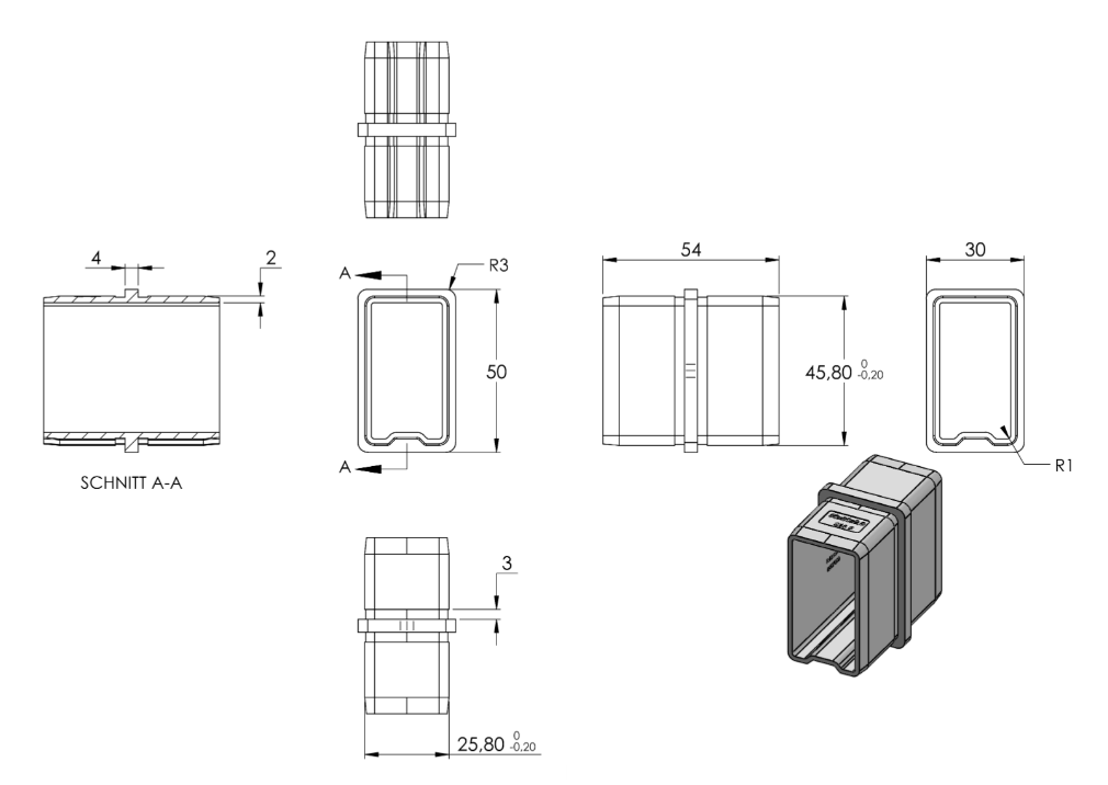 Zeichnung Verbinder für Rechteckrohr 50 x 30 x 2,0 mm