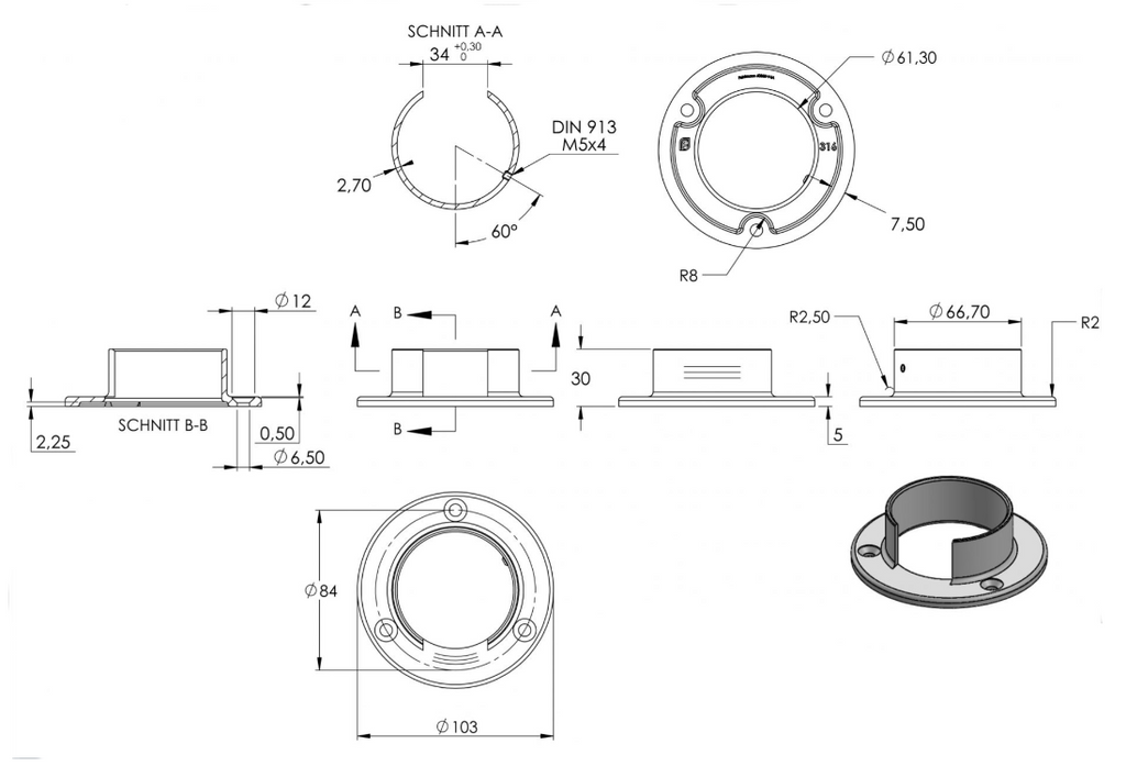 Zeichnung Wandhalter für Nutrohr Ø 60,3 mm
