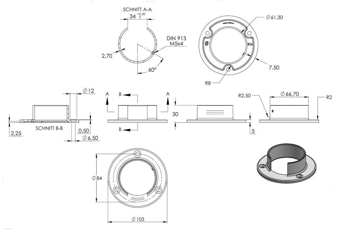 Zeichnung Wandhalter für Nutrohr Ø 60,3 mm