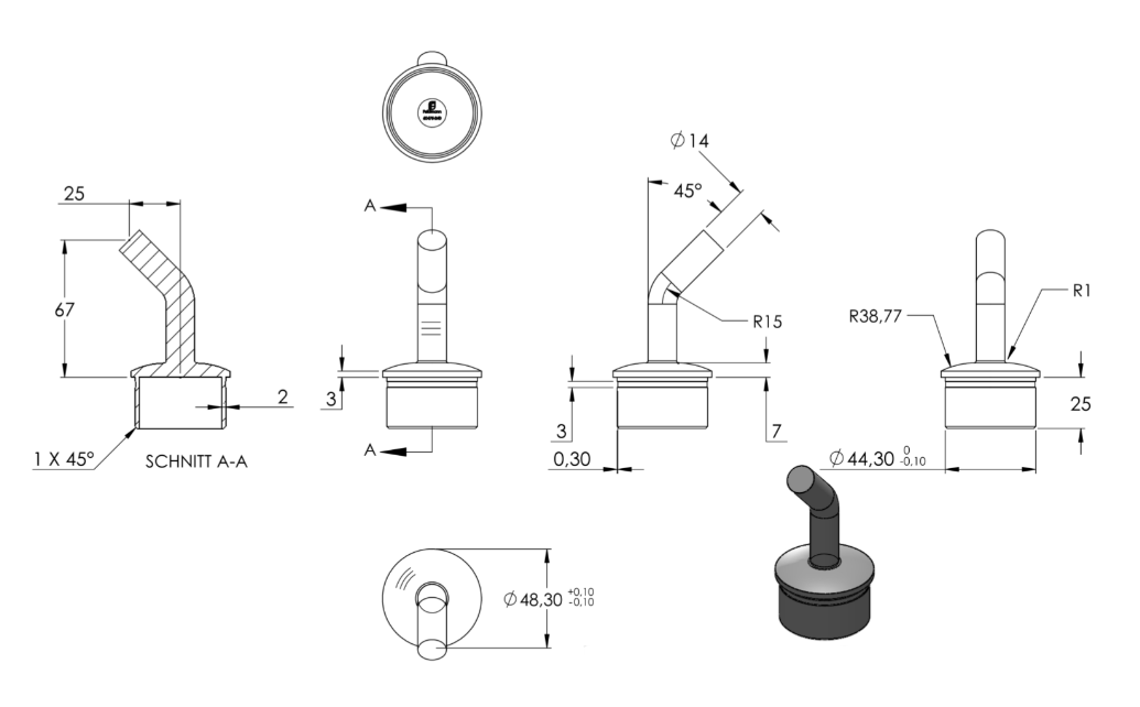 Zeichnung Handlaufstütze für Rohr Ø 48,3 x 2 mm, Stift Ø 14 mm