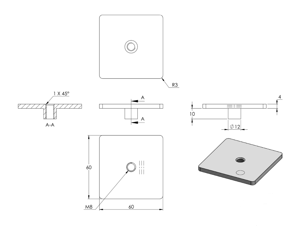 Zeichnung Flachkappe für Rohr 60 x 60 mm