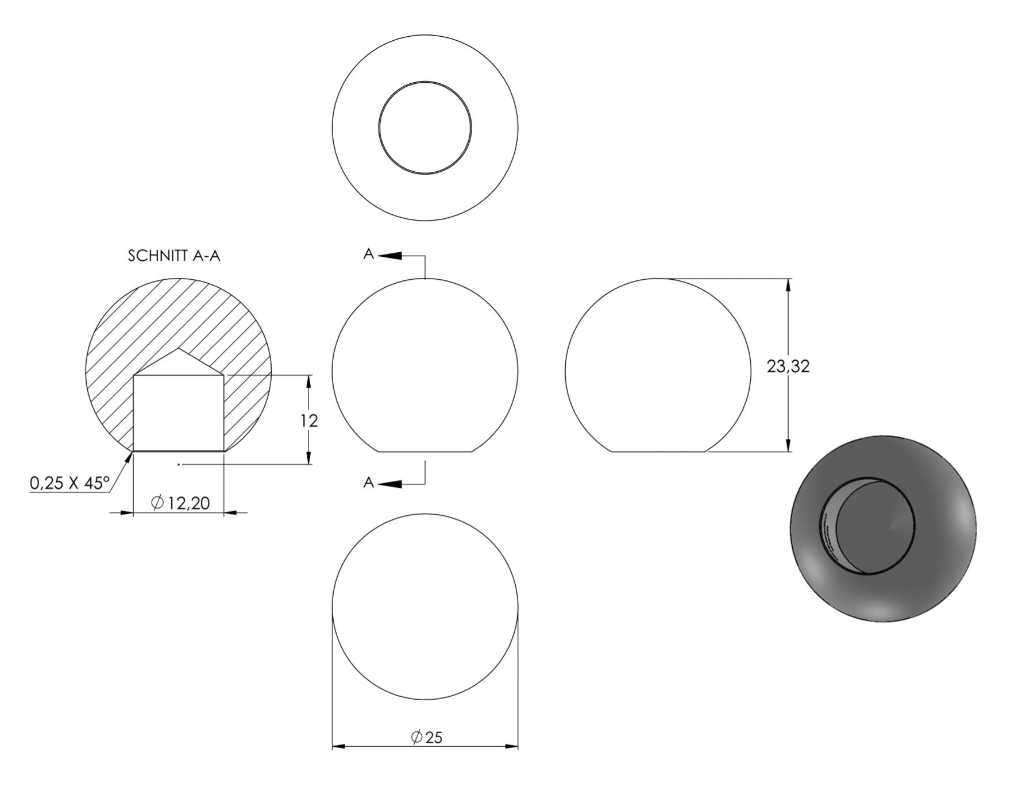 Zeichnung Vollkugel messingbeschichtet Ø 25 mm, mit Sackloch Ø 12,2 mm