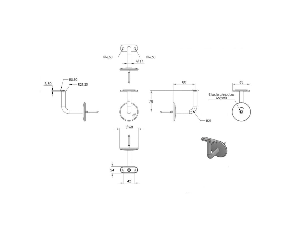 -AKTION- Handlaufhalter mit Stockschraube und Anschlussplatte, zum Anschrauben des Handlaufs, V2A
