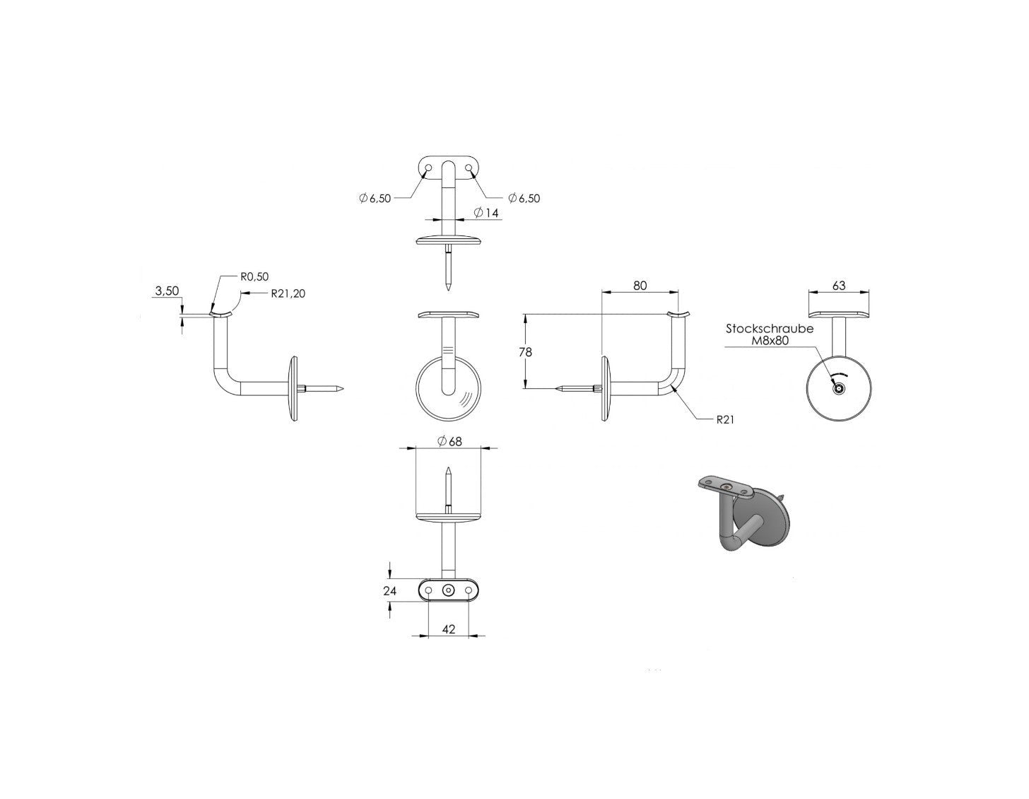 -AKTION- Handlaufhalter mit Stockschraube und Anschlussplatte, zum Anschrauben des Handlaufs, V2A
