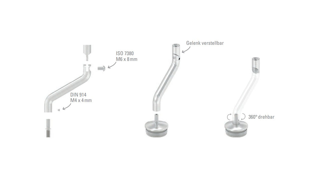 Gelenkbügel Edelstahl 2 x 30° gebogen, 360° drehbar,1 x Außengewinde, 1 x Innengewinde, V2A