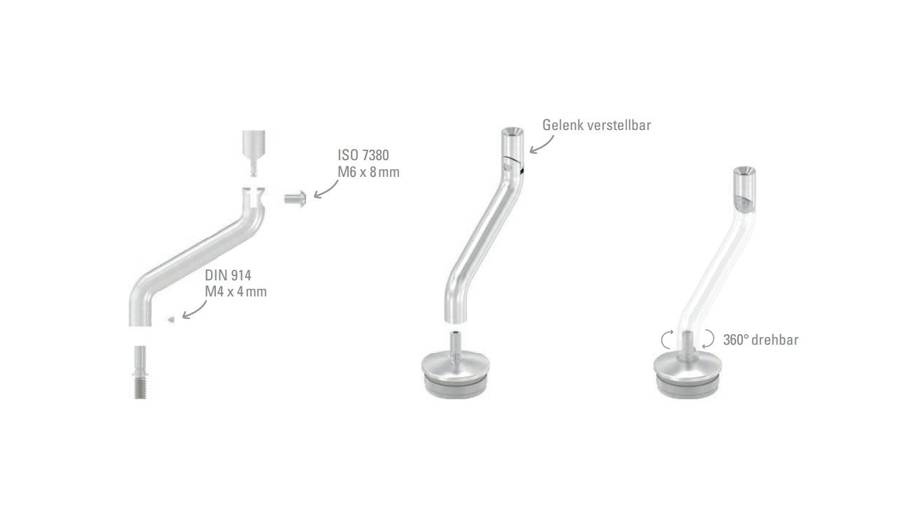 Gelenkbügel Edelstahl 2 x 30° gebogen, 360° drehbar,1 x Außengewinde, 1 x Innengewinde, V2A