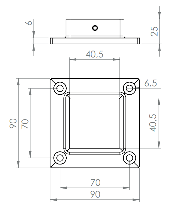 Edelstahl Wand- und Bodenanker für Quadratrohre, 4 gesenkte Bohrungen, geschliffen, V2A