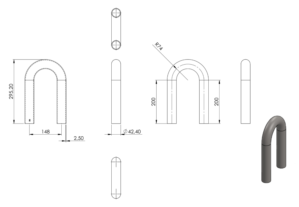 Zeichnung Rohrbogen Ø 42,4 x 2,5 mm, Radiusmitte 74,0 mm