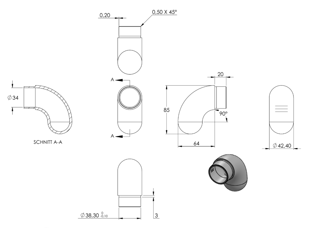Zeichnung Rohrbogen für Rohr Ø 42,4 x 2,0 mm