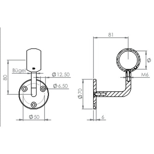 verschraubter Handlaufhalter mit Kugelring, zum Durchschieben des Handlaufs, V2A