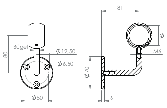 verschraubter Handlaufhalter mit Kugelring, zum Durchschieben des Handlaufs, V2A
