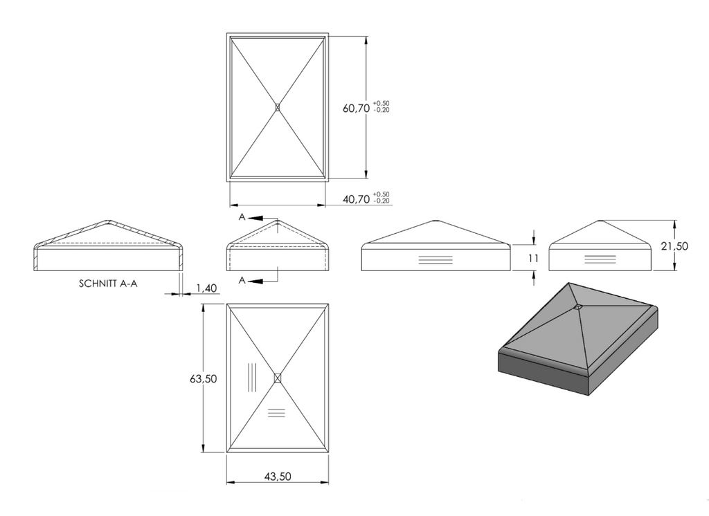 Zeichnung Pyramidenkappe für Rohr 60 x 40 mm