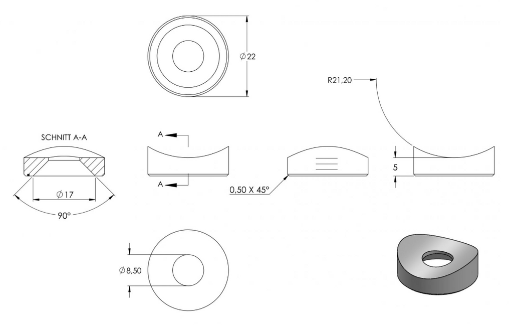 Zeichnung Ausgleichsstück Ø 22 mm, Bohrung Ø 8,5 mm, gesenkt für M8