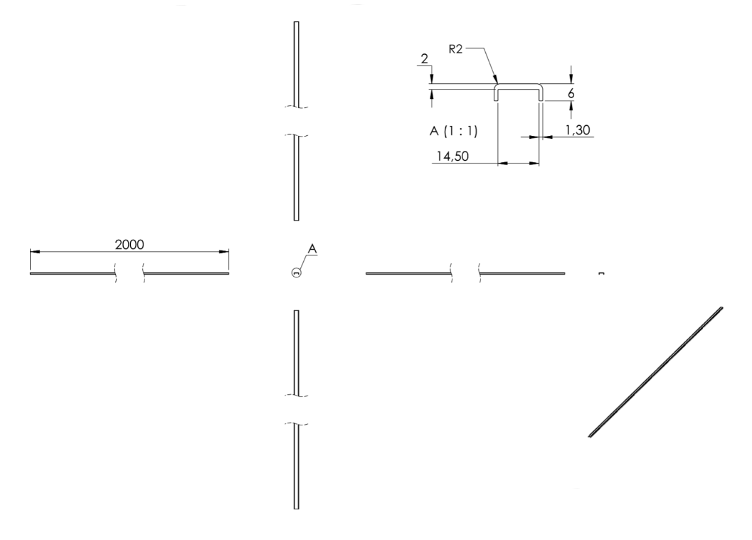 Zeichnung Kantenschutzprofil, Länge 2 m, für Glasstärke 12,00 - 13,52 mm