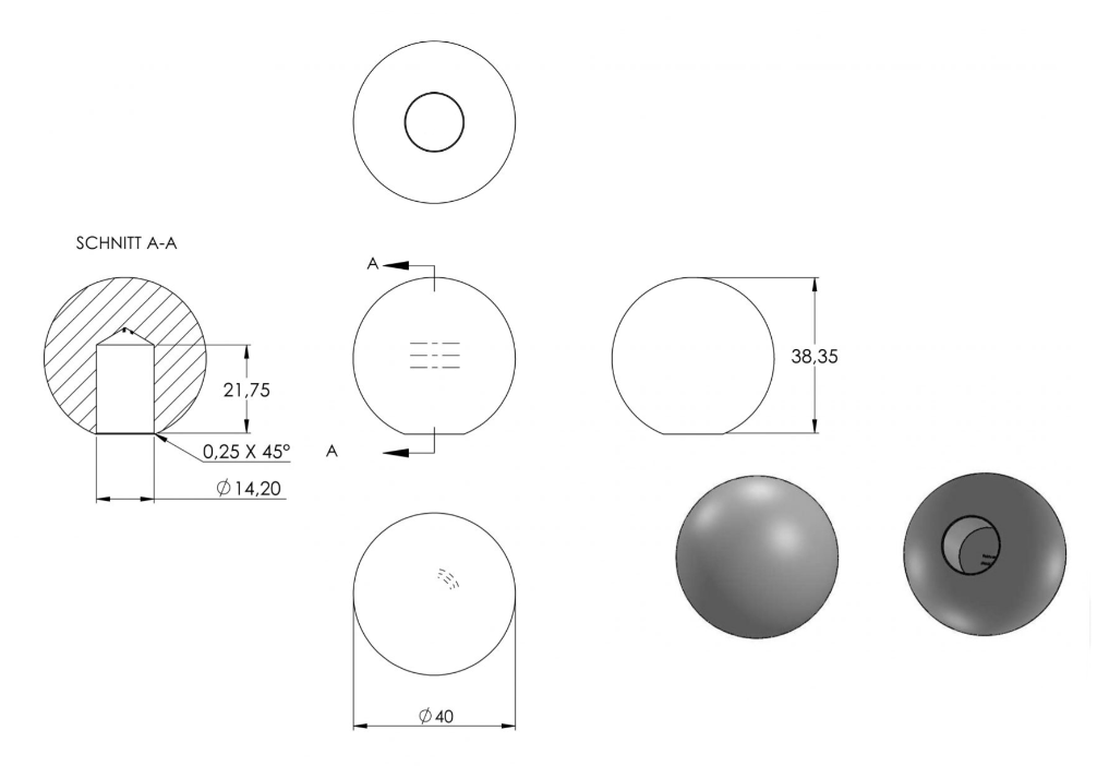 Zeichnung Vollkugel Ø 40 mm mit Sackloch Ø 14,2 mm