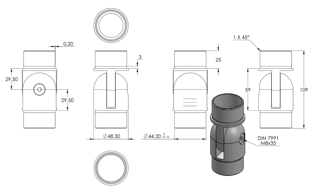 Zeichnung Gelenkstück für Rohr Ø 48,3 x 2,0 mm