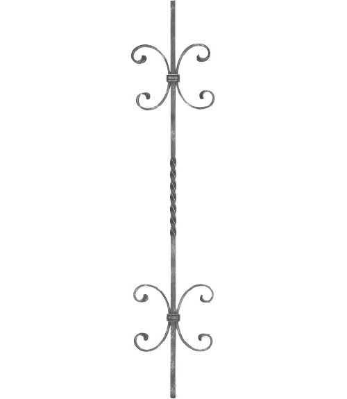 Zierstab 12x12mm, glatt, H: 900mm, 1x gedreht mittig, 4x C-Schnecke außermittig (Art. 1218)