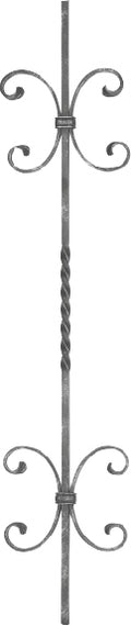 Zierstab 12x12mm, glatt, H: 900mm, 1x gedreht mittig, 4x C-Schnecke außermittig (Art. 1218)