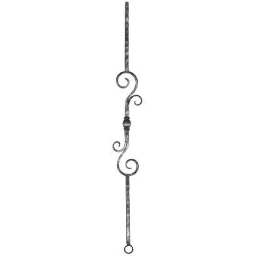 Zierstab 13x13mm, gehämmert, H: 900mm, 1x Kugel mittig, 2x Schnecken außermittig