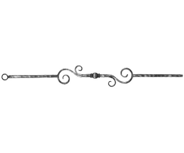 Zierstab 13x13mm, gehämmert, H: 900mm, 1x Kugel mittig, 2x Schnecken außermittig