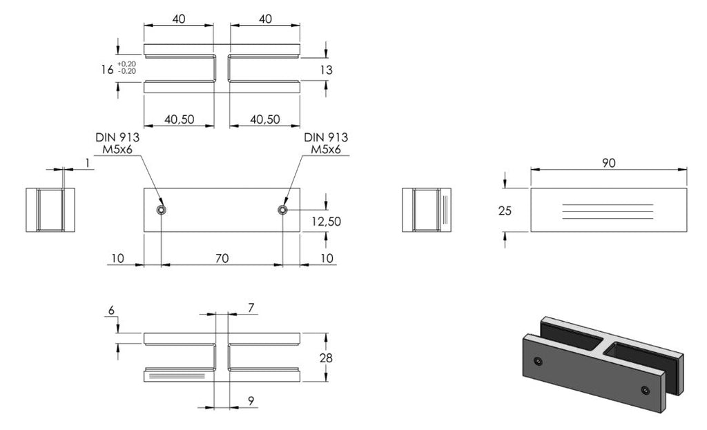 Glasverbinder 180°, für Glasstärke 12.00 - 12.76 mm, V4A